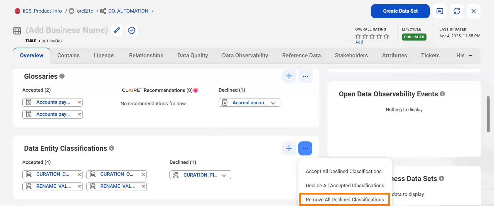 Image depicting the Overview page of an asset that shows the bulk accept, decline, and remove options for the data entity classifications. The Remove All Declined Classifications option is highlighted.
