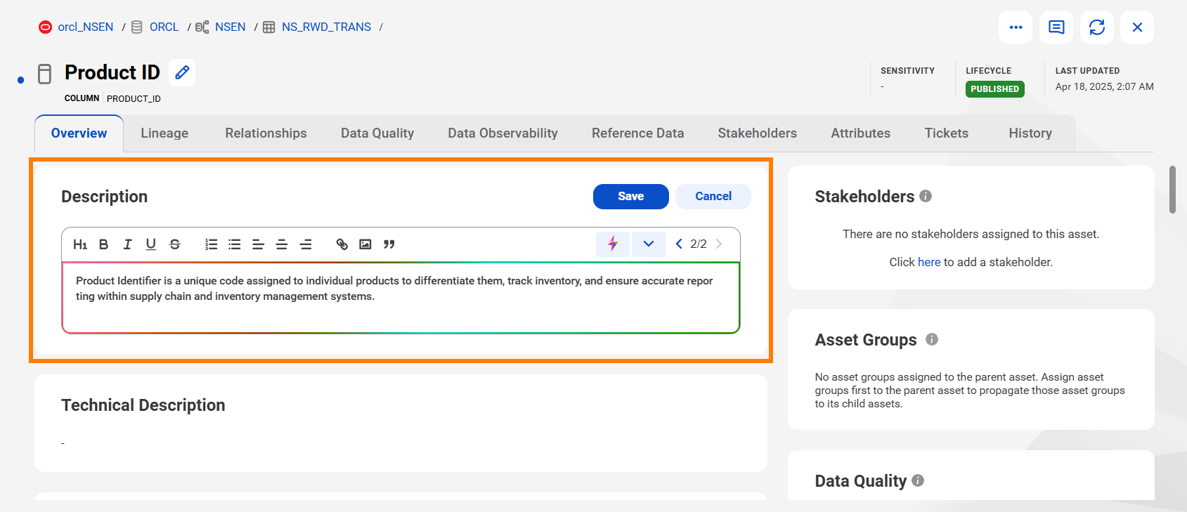 Image depicting the Overview page of a technical asset. The Description field is highlighted. A CLAIRE generated description is displayed in the Description field.