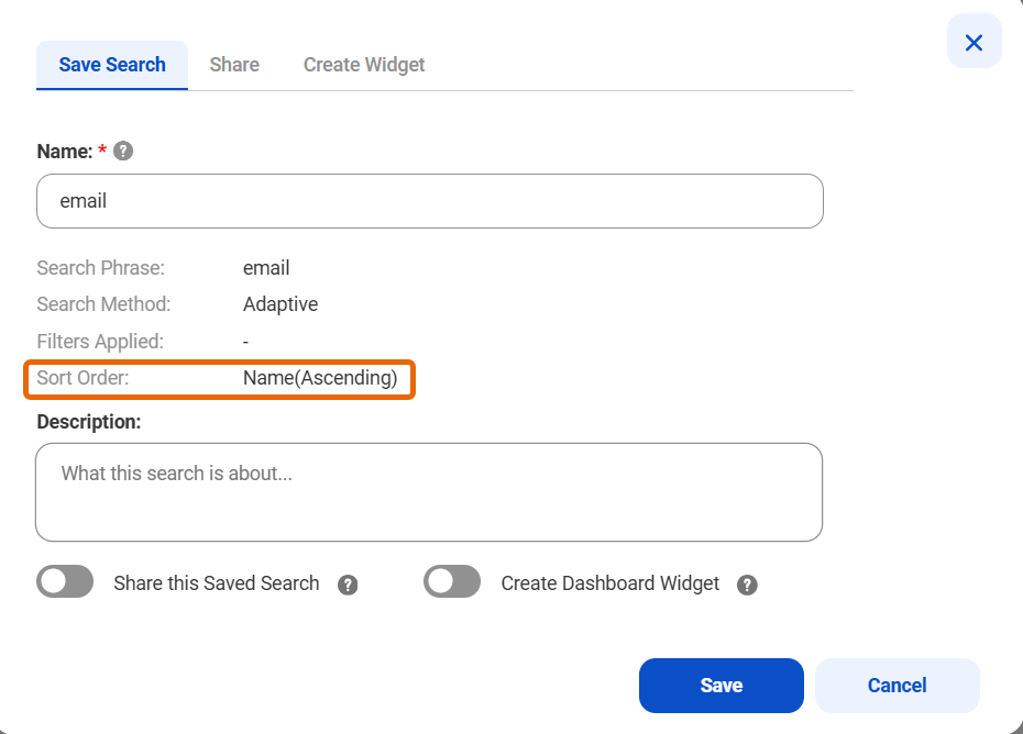 The Save Search tab with Sorting Order field highlighted.