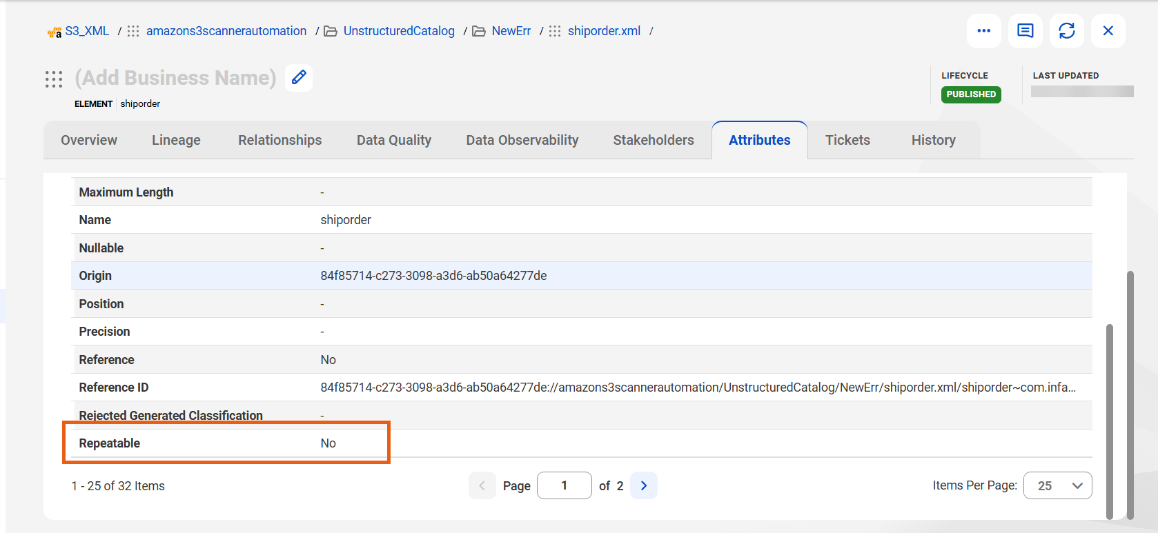 The 'Attributes' tab for an XML object in Data Governance and Catalog. The attribute 'Repeatable' is highlighted.