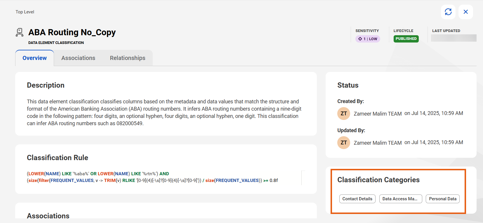 A page in Data Governance and Catalog for a data element classification. The data element classification has multiple classification categories.