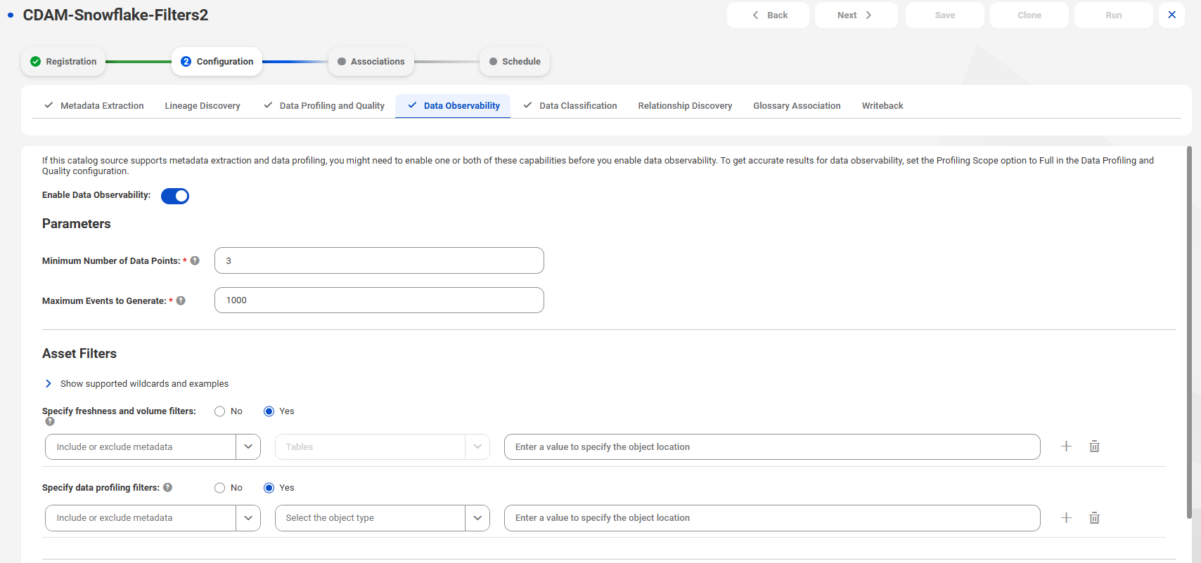 The Data Observability tab of a catalog source in Metadata Command Center contains the Specify freshness and volume filters and Specify data profiling filters.