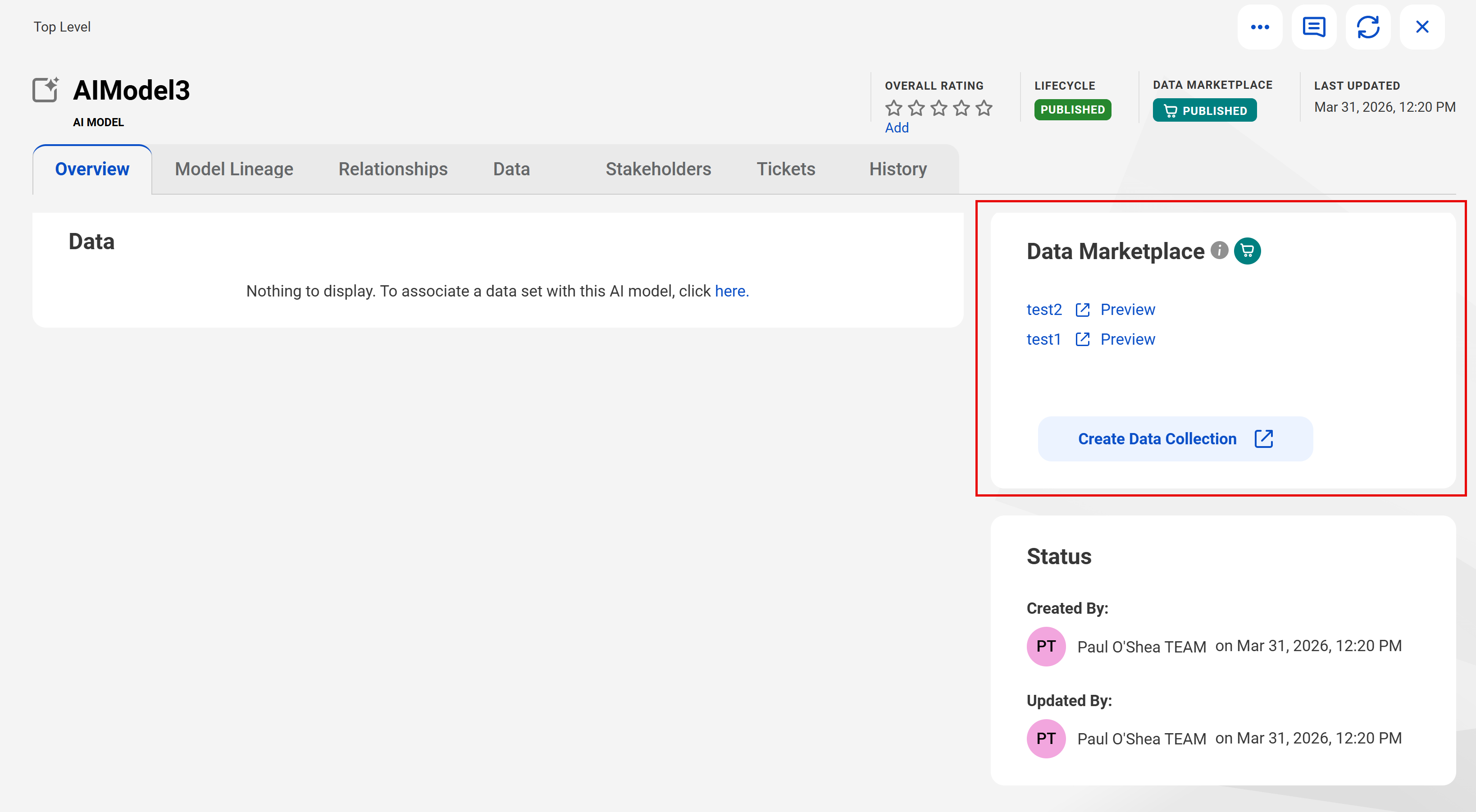 An asset page in Data Governance and Catalog. The Data Marketplace section is highlighted shows the Create Data Collection button. The section also shows two data collections that the asset is added to.
