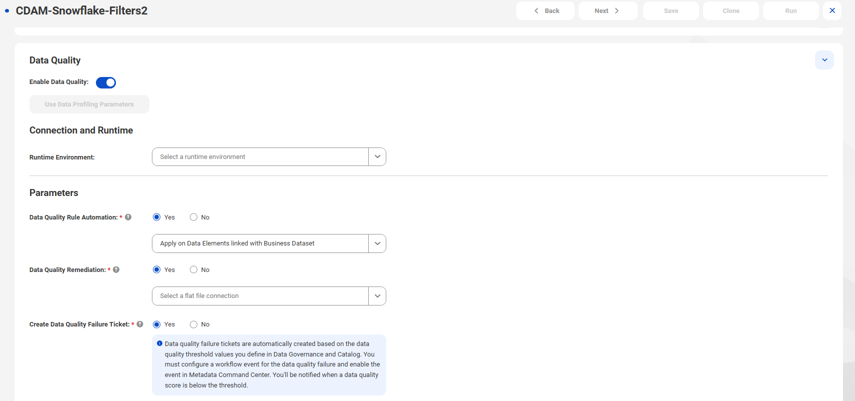 The Data Profiling and Quality tab of a catalog source in Metadata Command Center contains the Data Quality Remediation and the Create Data Quality Failure Ticket options.