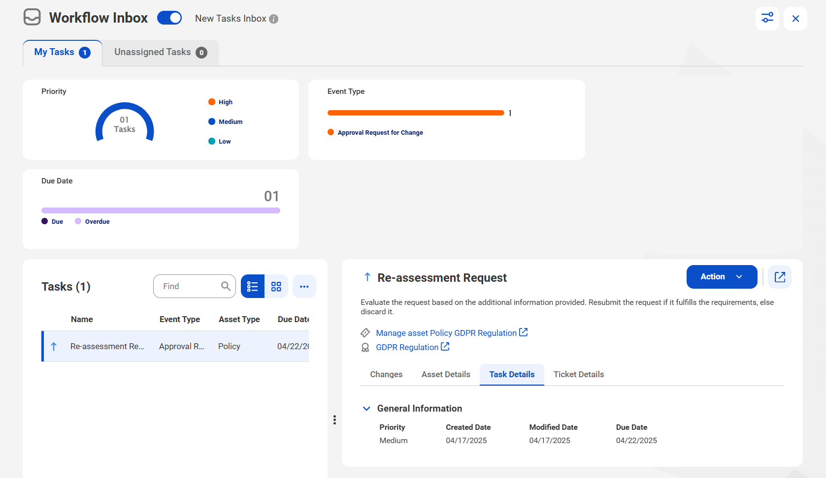 Image depicting the My Tasks tab on the New Tasks Inbox page. The Task Details tab is open for the task that is selected in the Tasks section.