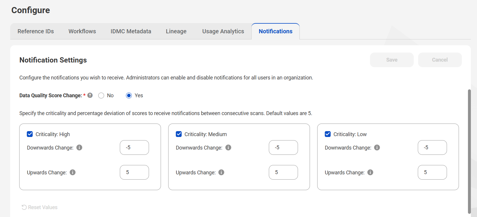 The Notifications tab in the Configure page of Metadata Command Center contains the data quality score change notification settings.