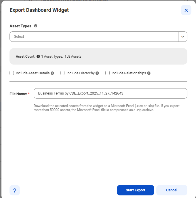 Image depicting the Export Dashboard Widget dialog box.