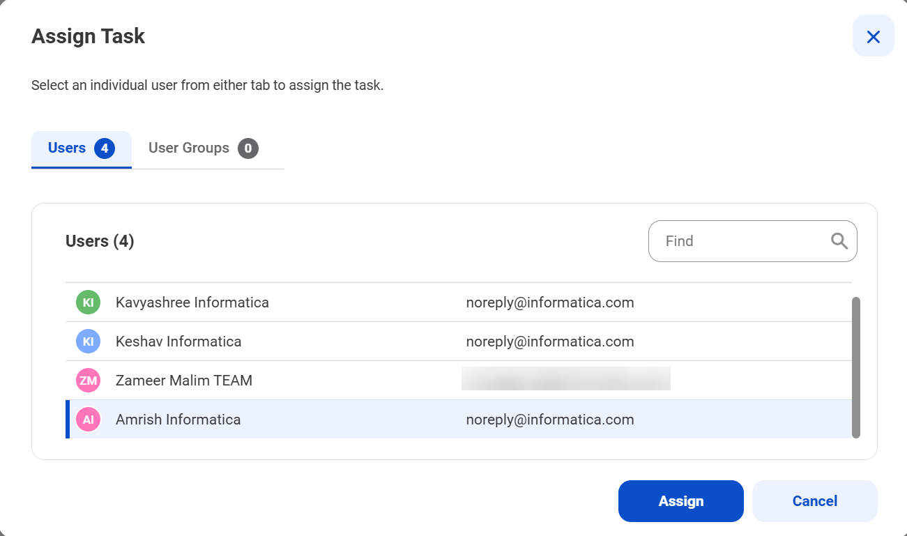 The Users tab is selected in the Assign Task dialog box. The Users tab lists the names and email addresses of the users to whom the task can be assigned. A sample user is selected.