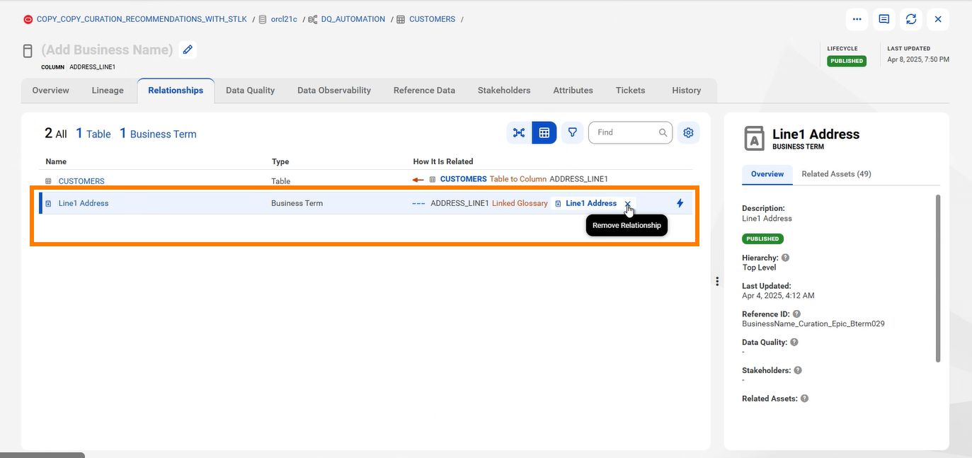 The Relationships tab of an asset. A relationship is higlighted and the Remove Relationship icon is displayed.
