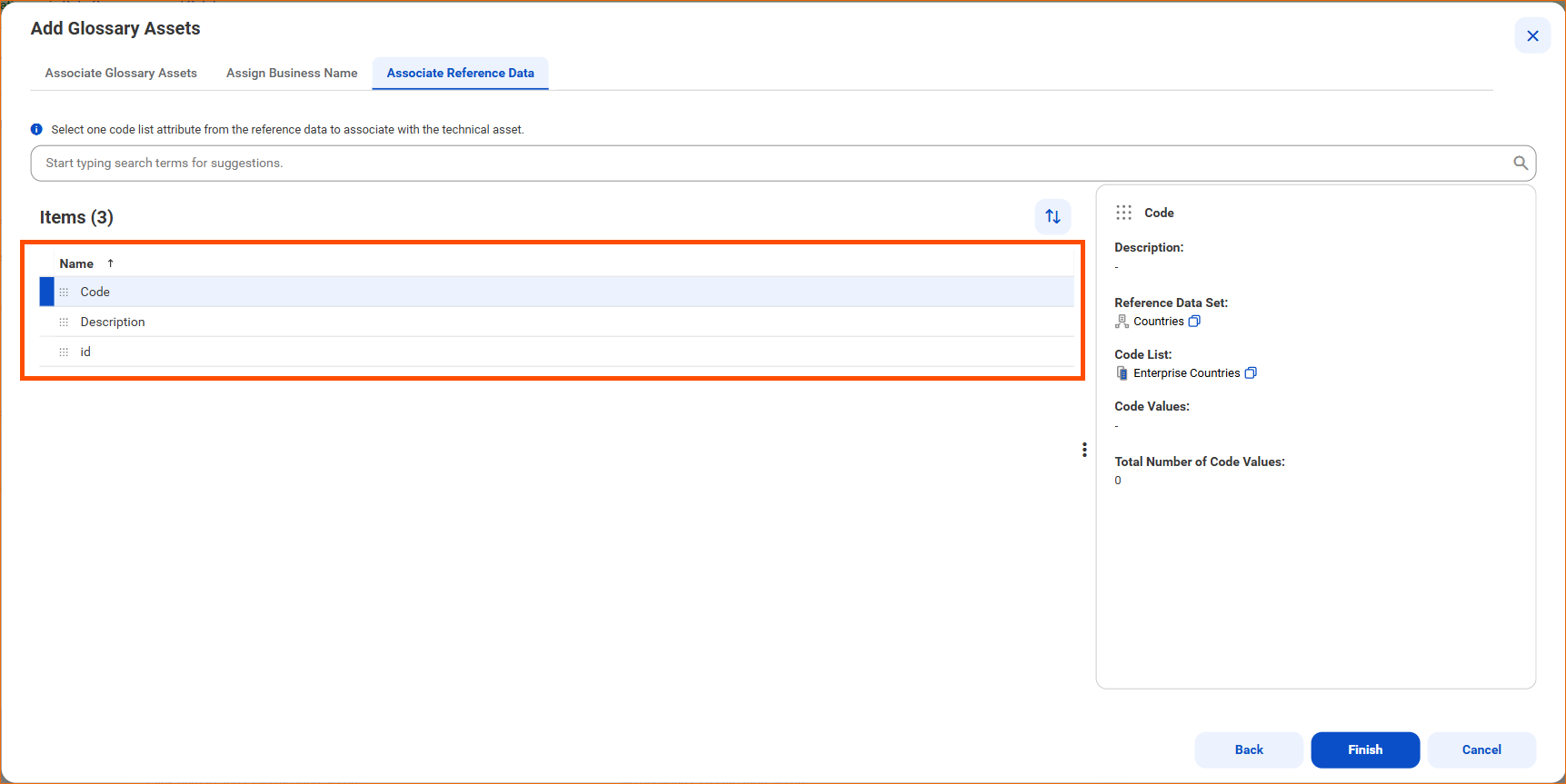 The Add Glossary Assets page shows the Associate Reference Data tab with an Items section listing Name, Code, Description, and id attributes in a column format.
