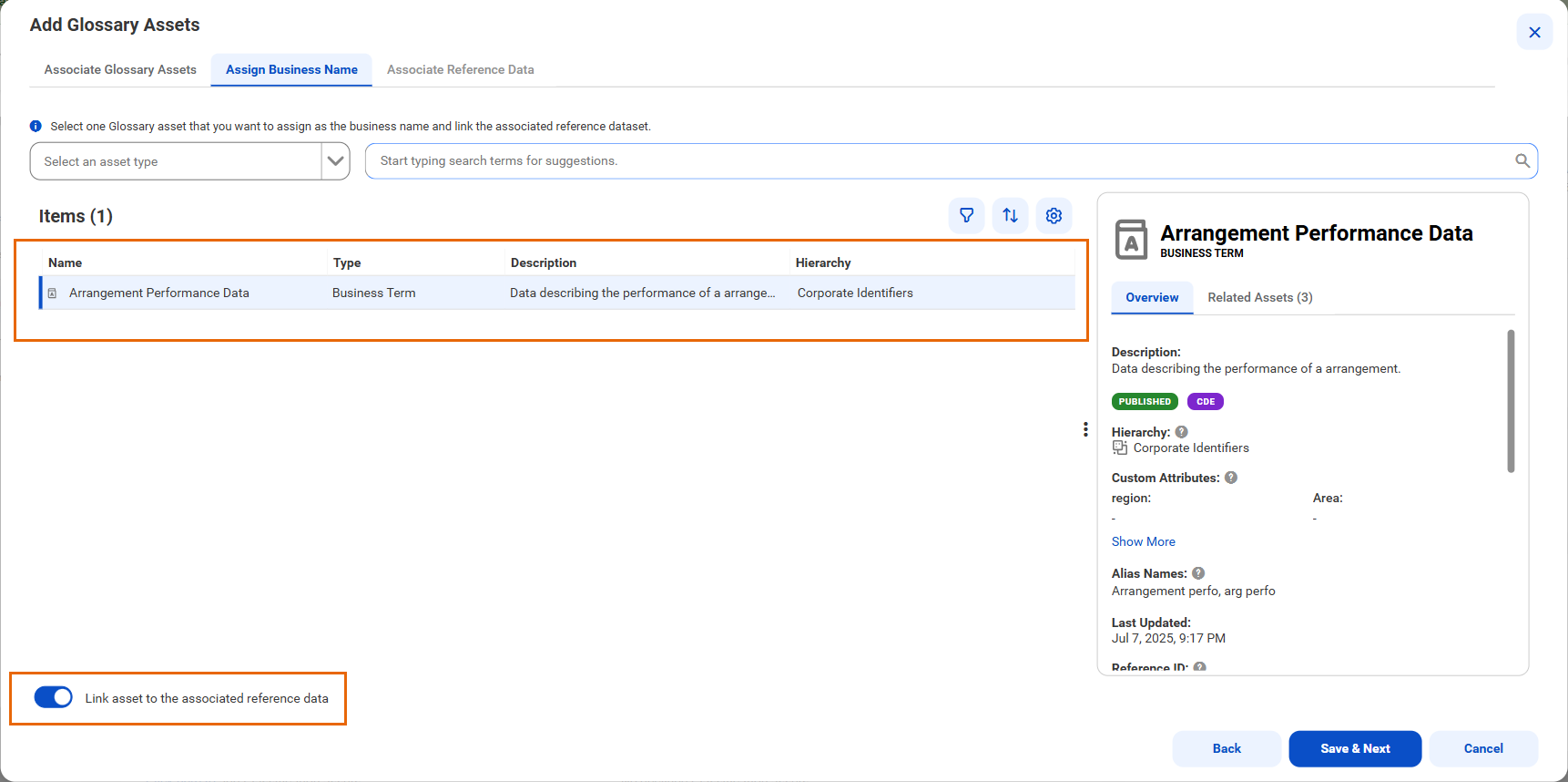 The Add Glossary Assets page shows the Assign Business Name tab with a table of items containing columns Name, Type, Description, and Hierarchy. A toggle labeled Link asset to the associated reference data is enabled at the bottom left.