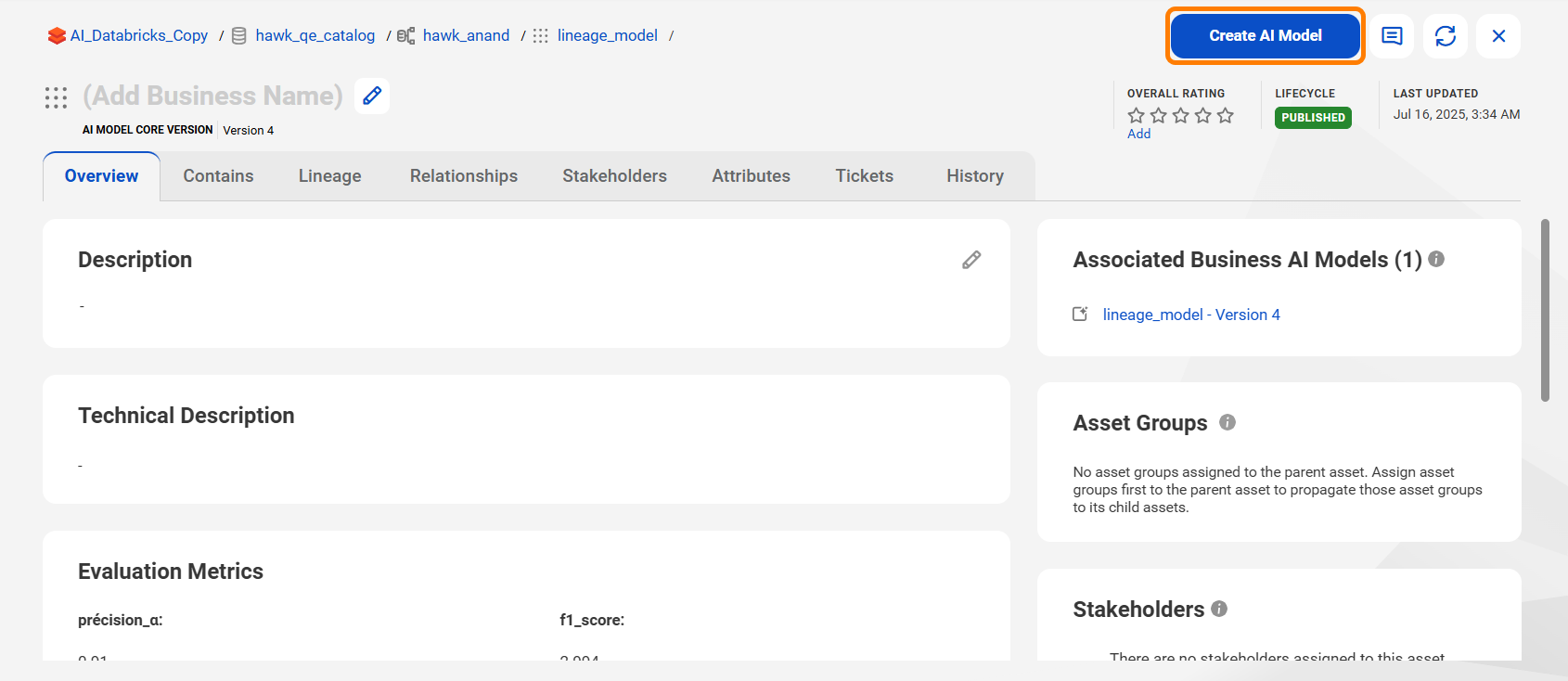 An AI Model Core Version asset. The Create AI Model button is highlighted.