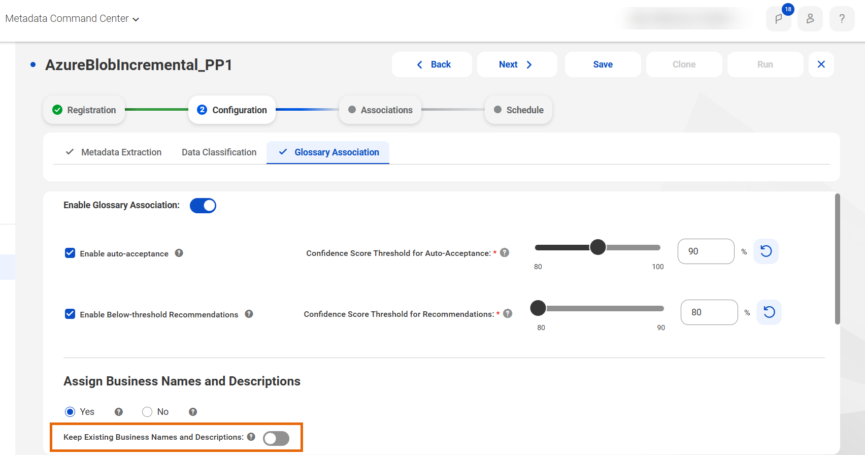 Image showing a catalog source with an option to enable glossary association. The Keep Existing Business Names and Descriptions toggle is disabled.