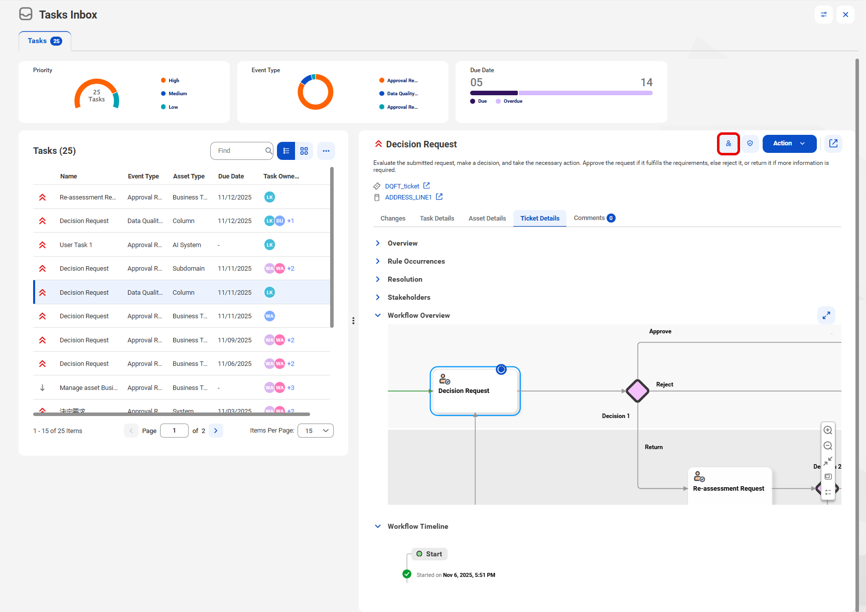 The Tasks Inbox page includes a Task section on the left-hand in which you can select a task. The selected task opens on the right-hand side and includes the Assign icon.
