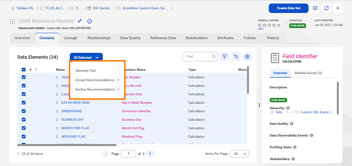 The Contains tab of a technical asset displays 34 data elements, with 20 data elements selected. The Action menu for the selected data elements is expanded, and the menu options are highlighted. The Business Name column displays CLAIRE's recommendations for the Business Name field.