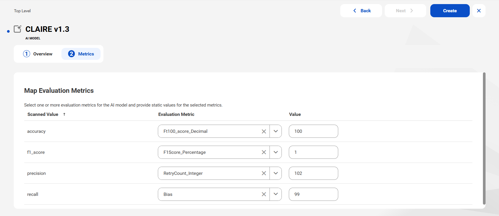 The Metrics tab of the New AI Model wizard. Four evaluation metrics are selected.
