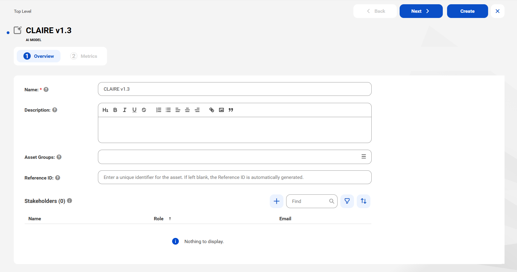 The Overview tab of the New AI Model wizard.