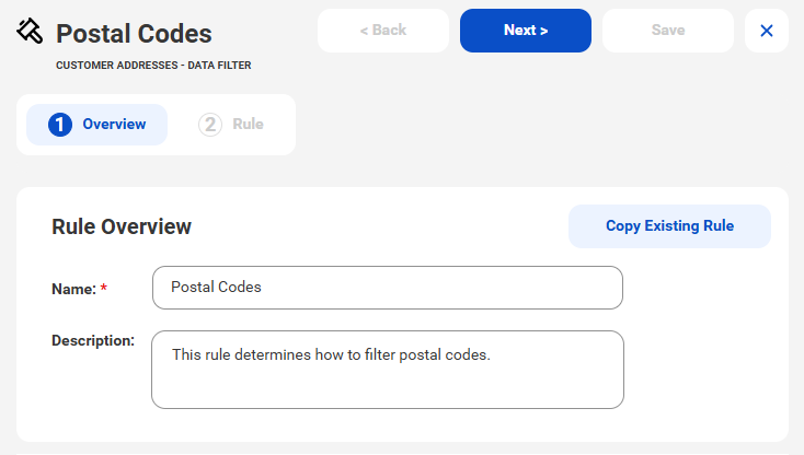 The image shows the Overview tab, which includes Name and Description fields and a Next button.