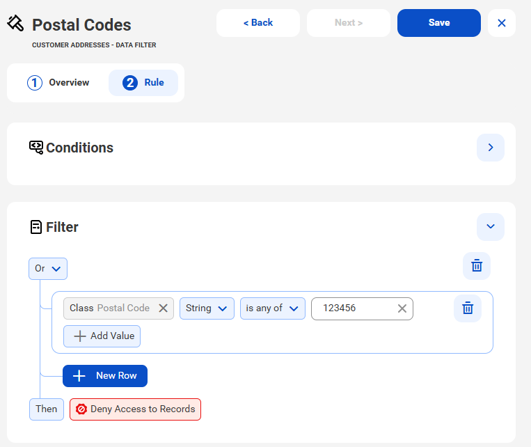The Filter section of the Rule tab inlcudes And/Or and Then sections.