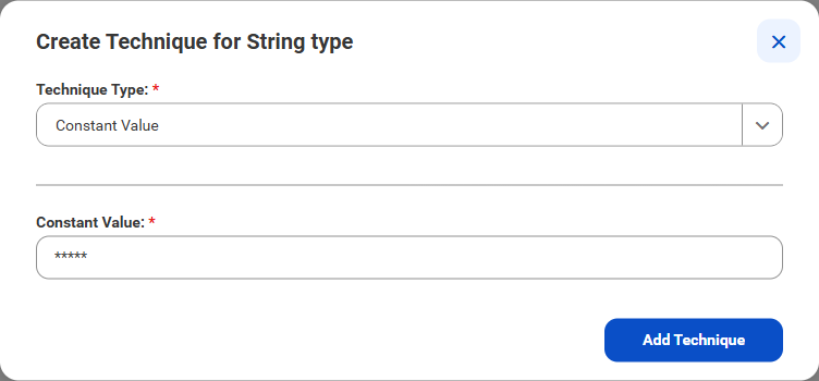 The image shows the constant value data de-identification technique on the Create Technique for String type window. There is a Technique Type field with "Constant Value" selected. There is a "Constant Value" field. The user has entered five asterisks. "Add Technique" and "X" buttons appear on the window.