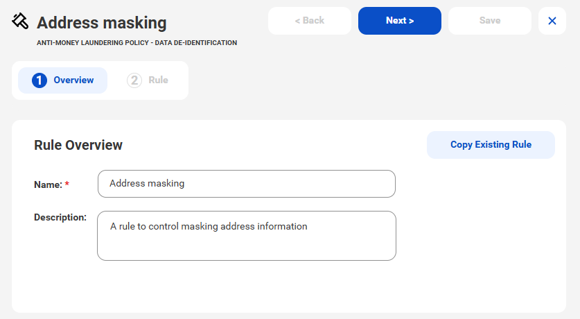 The image shows the Overview tab, which includes Name and Description fields. "Next" and "X" buttons appear at the top of the page.