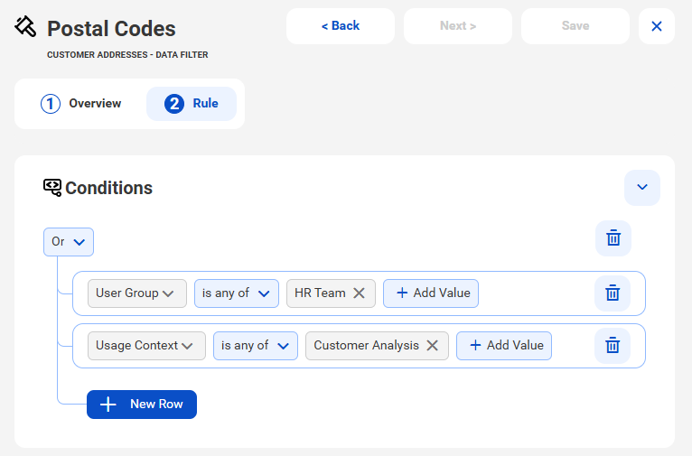 The tab has one section. An "Or" operator and two selected conditions appear. A "New Row" button appears below the conditions.