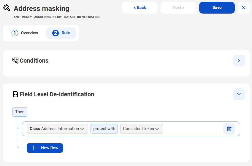 The image shows the Field Level De-identification section of the Rule tab. The user is working in the Field-Level Data Protections section of the page. The de-identification has a class of "Address Information," protected with a protection technique called "ConsistentToken."