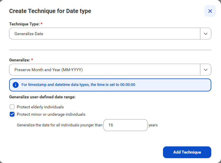 The image shows the generalize date data de-identification technique on the Create Technique for Date type window. There is a Technique Type section with "Generalize Date" selected. The Generalize section has "Preserve Month and Year (MM-YYY) selected. The "Generalize user-defined date range" section has "Protect minor or underage individuals" selected. "Add Technique" and "X" buttons appear on the window.