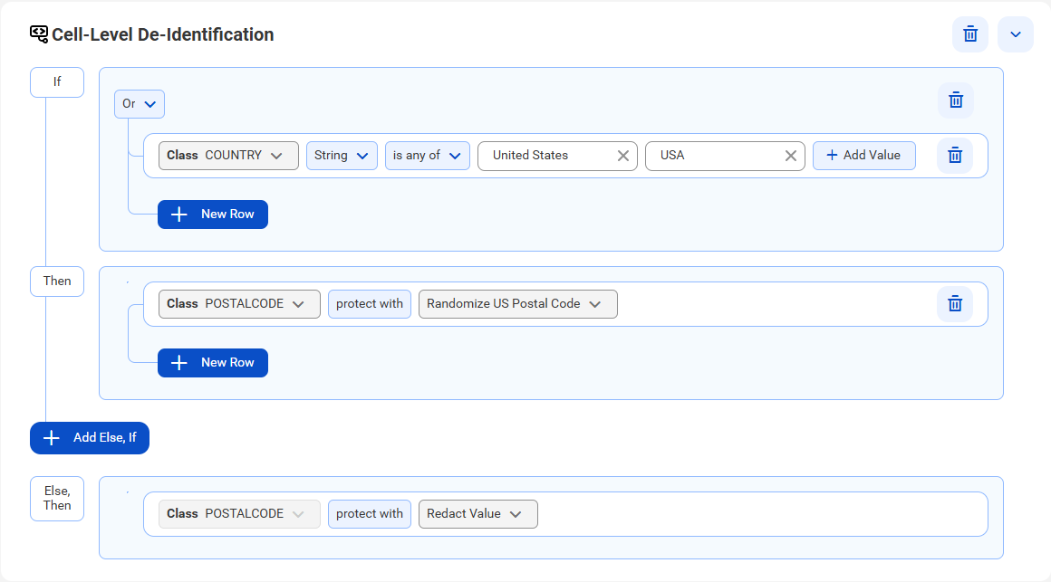 Subsections include "If," "Then," and "Else, Then," arranged vertically. The sections work together to enable you to define a SQL-type query that can run on the data values. In each section, you select a class, a data type, and an operator or a data protection.