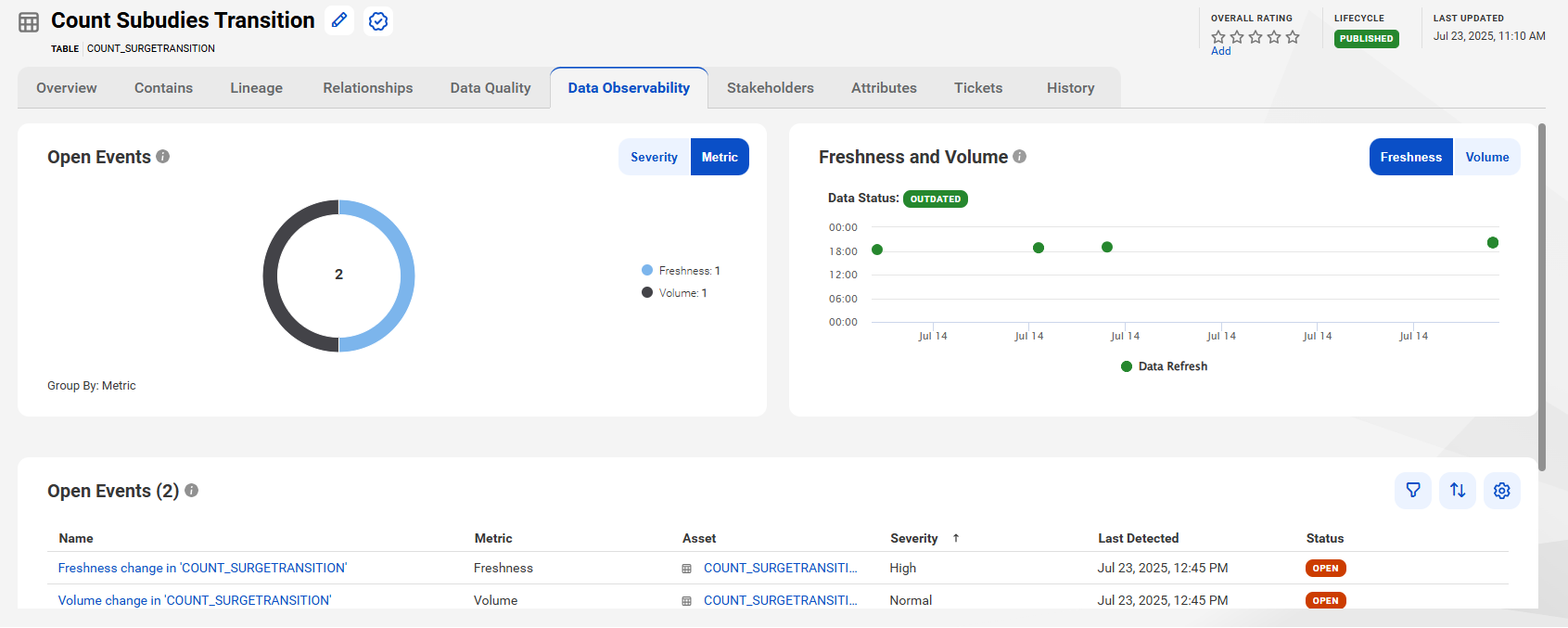 View data freshness and data volume of your source data in the Data Observability tab.