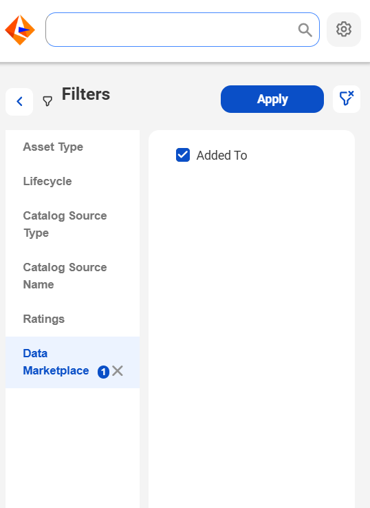 The Data Marketplace tab on the Filters pane in Informatica QuickLook. The Added To filter option in the Data Marketplace tab is selected.