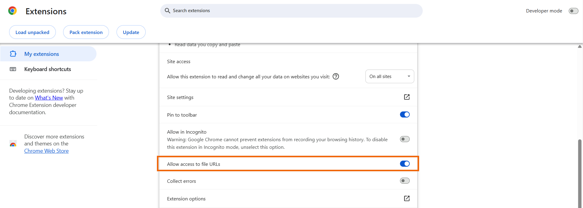 The 'My exteionsions' tab on the Extensions page in Google Chrome. The 'Allow access to file URLs' option is highlighted.