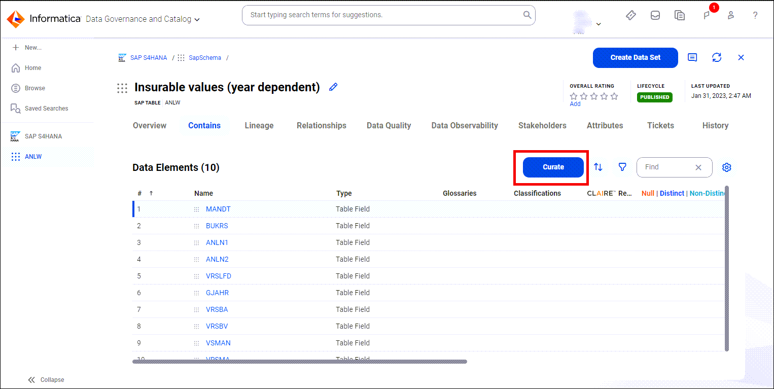 Image depicting the Curate button on the Contains tab of the technical data element page.