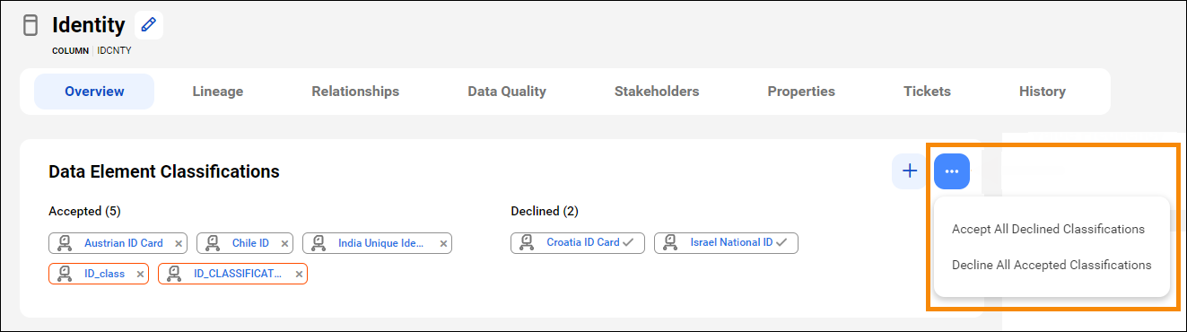 Image of the column asset page that shows the bulk accept or decline options for the data element classifications.