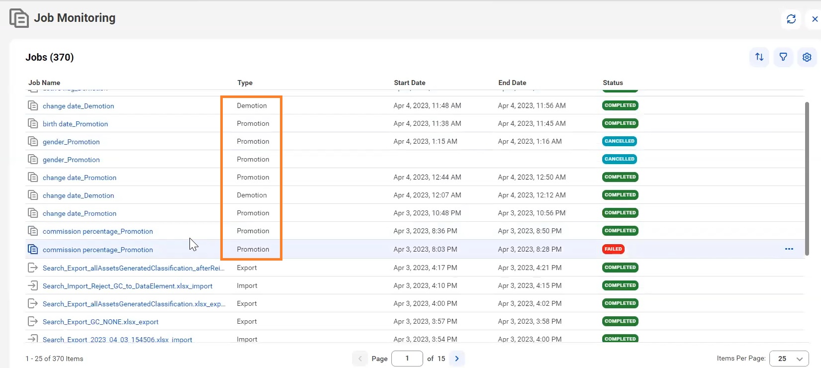 Image depicting the promoted and demoted jobs in the Job Monitoring page