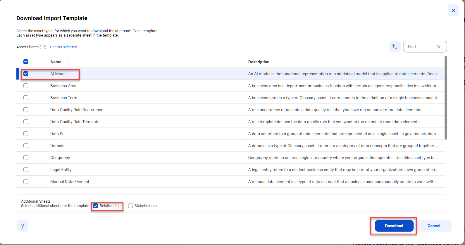 Image of the Download Import Template dialog box.