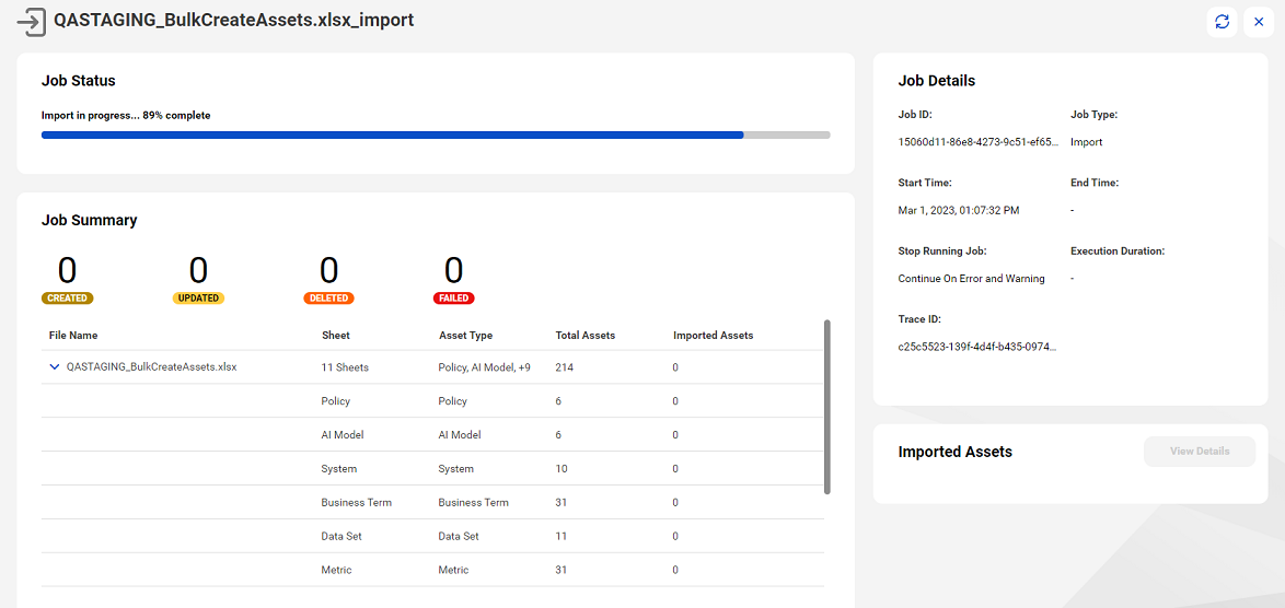 Image depicting the Job Status, Job Summary, Job Details, and Imported Assets fields.