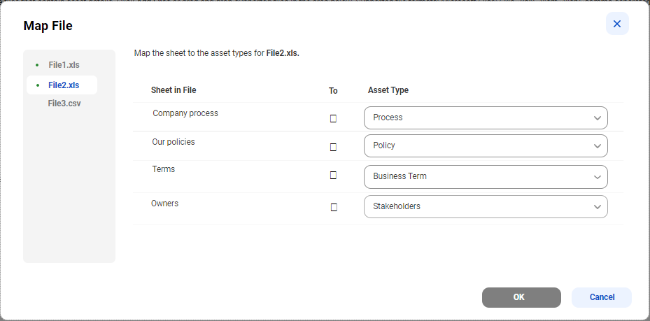 Image depicting the Map Files dialog box for archive import file.