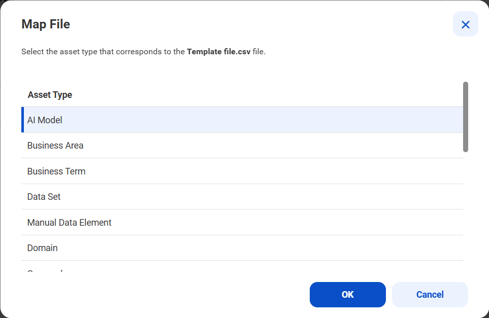 Image depicting the Map File dialog box for CSV import file.
