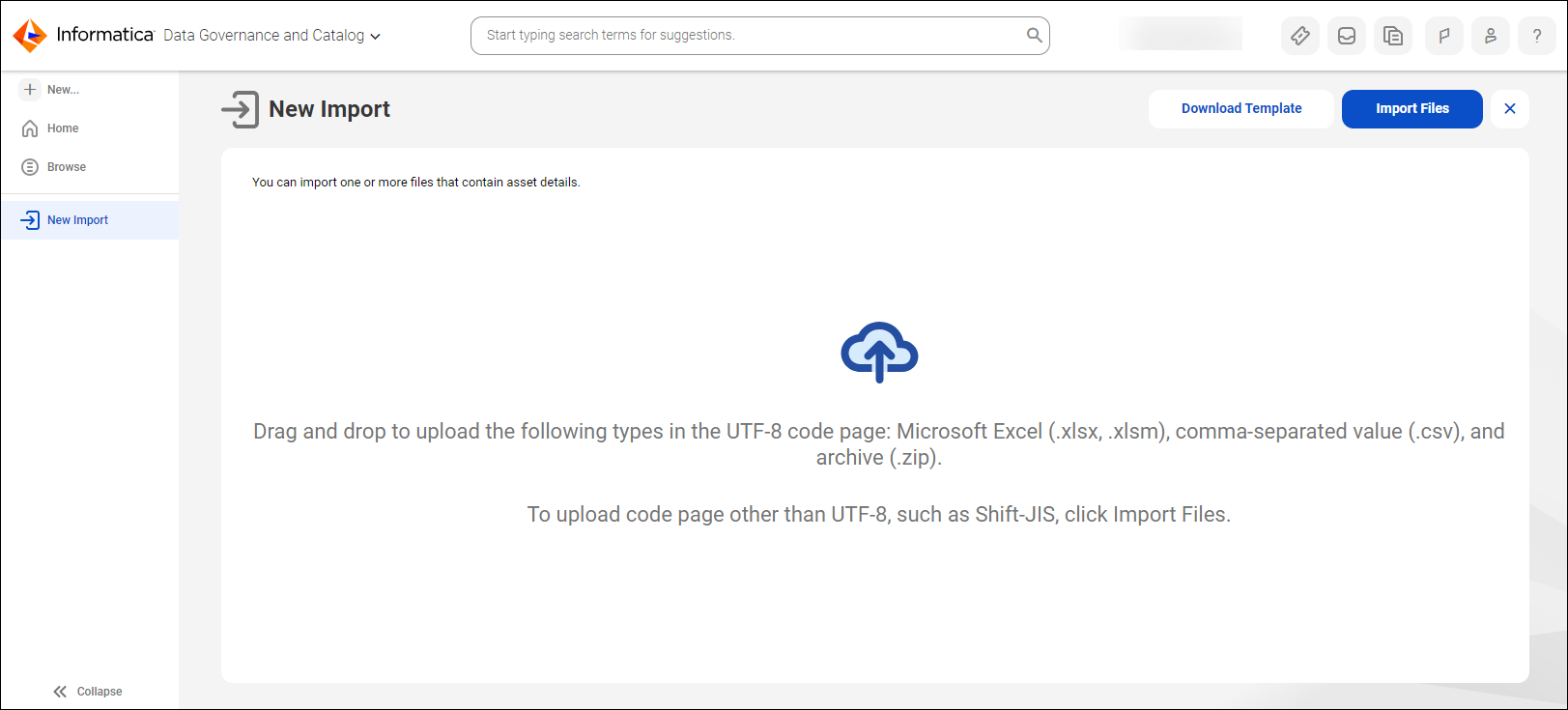 Image depicting the New Import page where you can select the import file, or drag and drop the import file to upload.