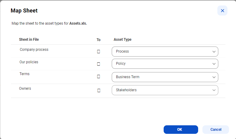 Image depicting the Map Sheets dialog box for custom Microsoft Excel import file.