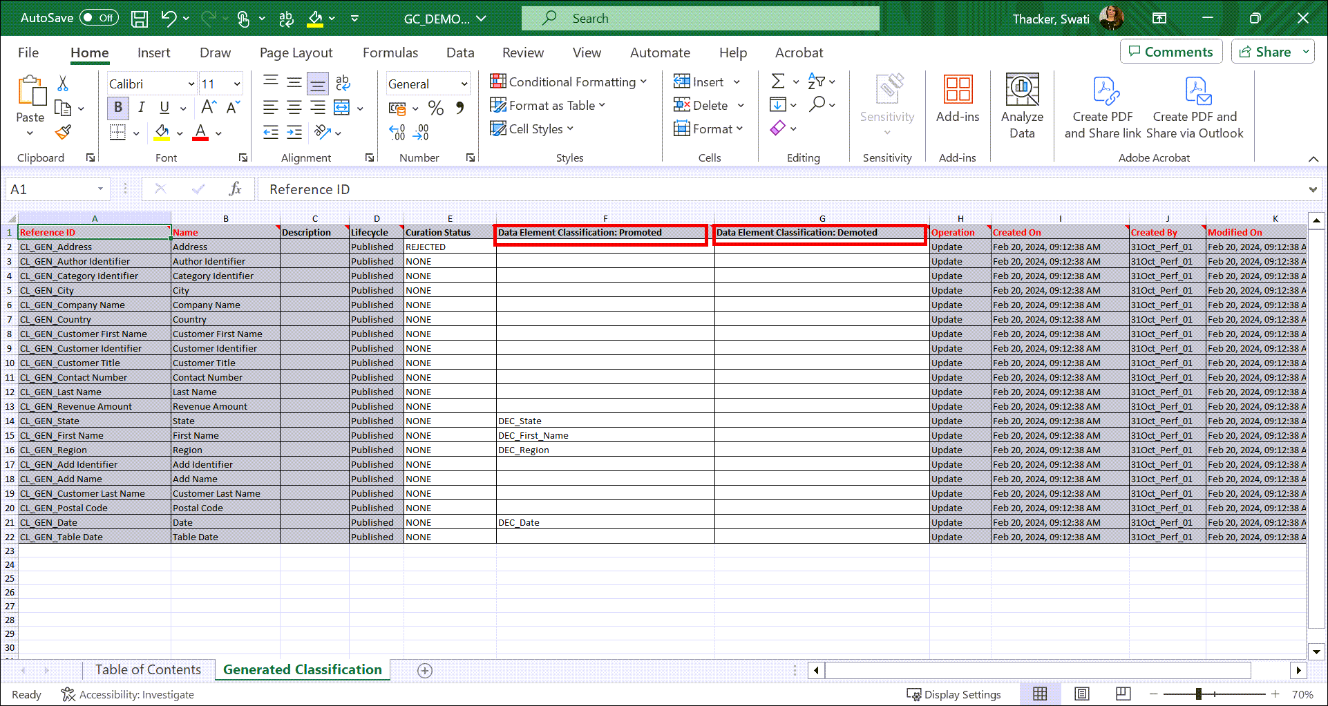 Image depicting the Generated Classification export sheet.