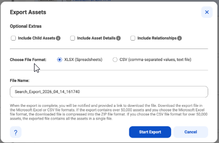 The export dialog box. You can provide a name for the export file and choose to export different asset details and relationships in your export file.