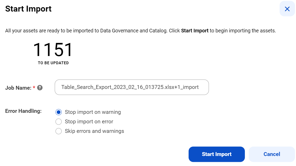 Image depicting the Start Import dialog box.