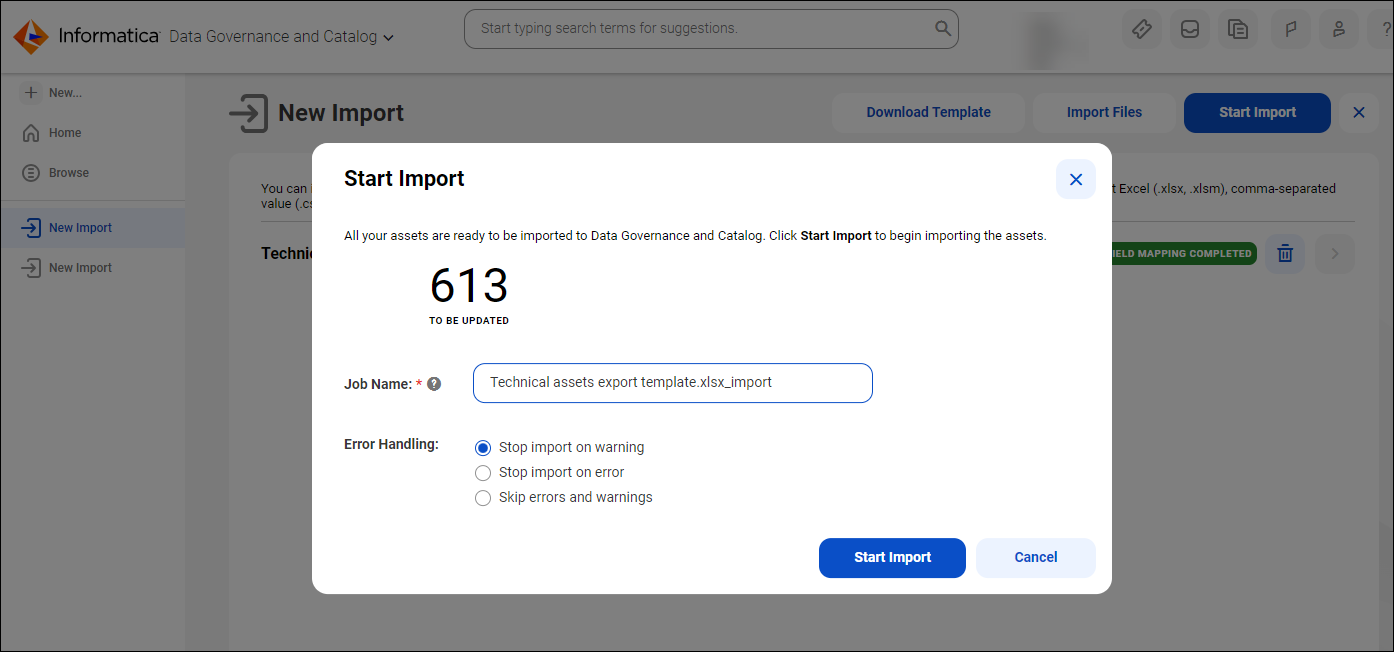 Image depicting the dialog box where you can select the error handling option for the import process.Start Import