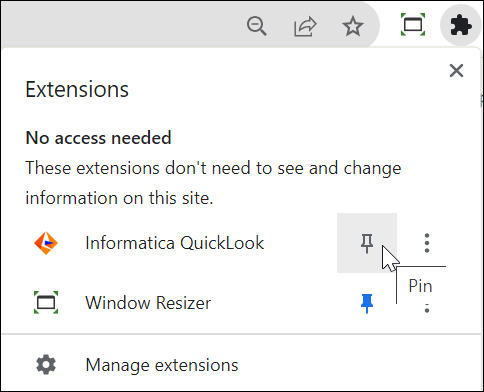 Image depicting the Pin option for Informatica QuickLook in the Extensions option in Google Chrome.