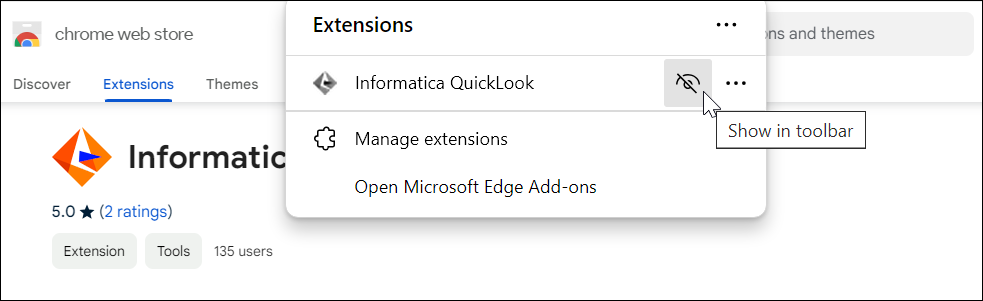 Image depicting the option to pin the browser extension to the toolbar of Microsoft Edge.Show in toolbar