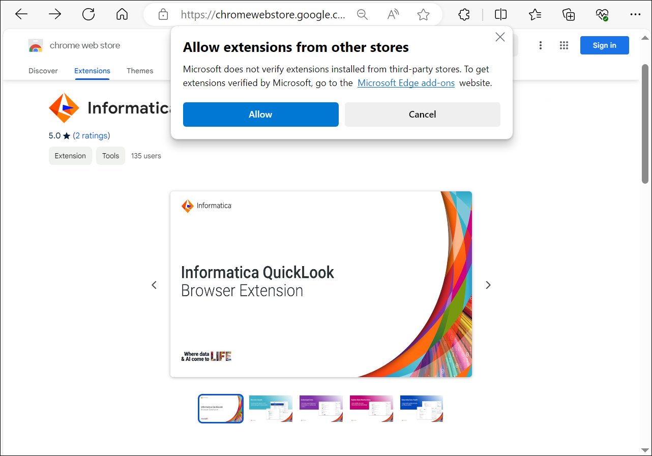 Image depicting the Informatica QuickLook extension on the Microsoft Edge web browser.