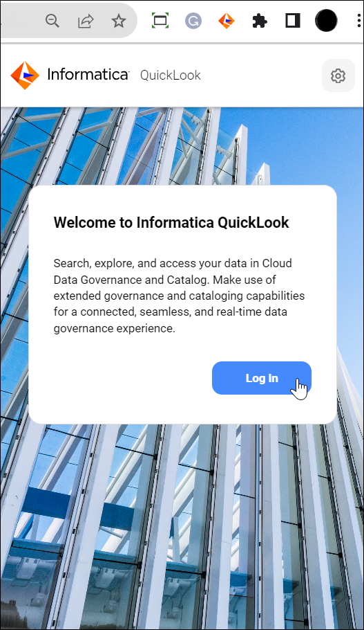 Image depicting the Log In page of the Informatica QuickLook browser extension.