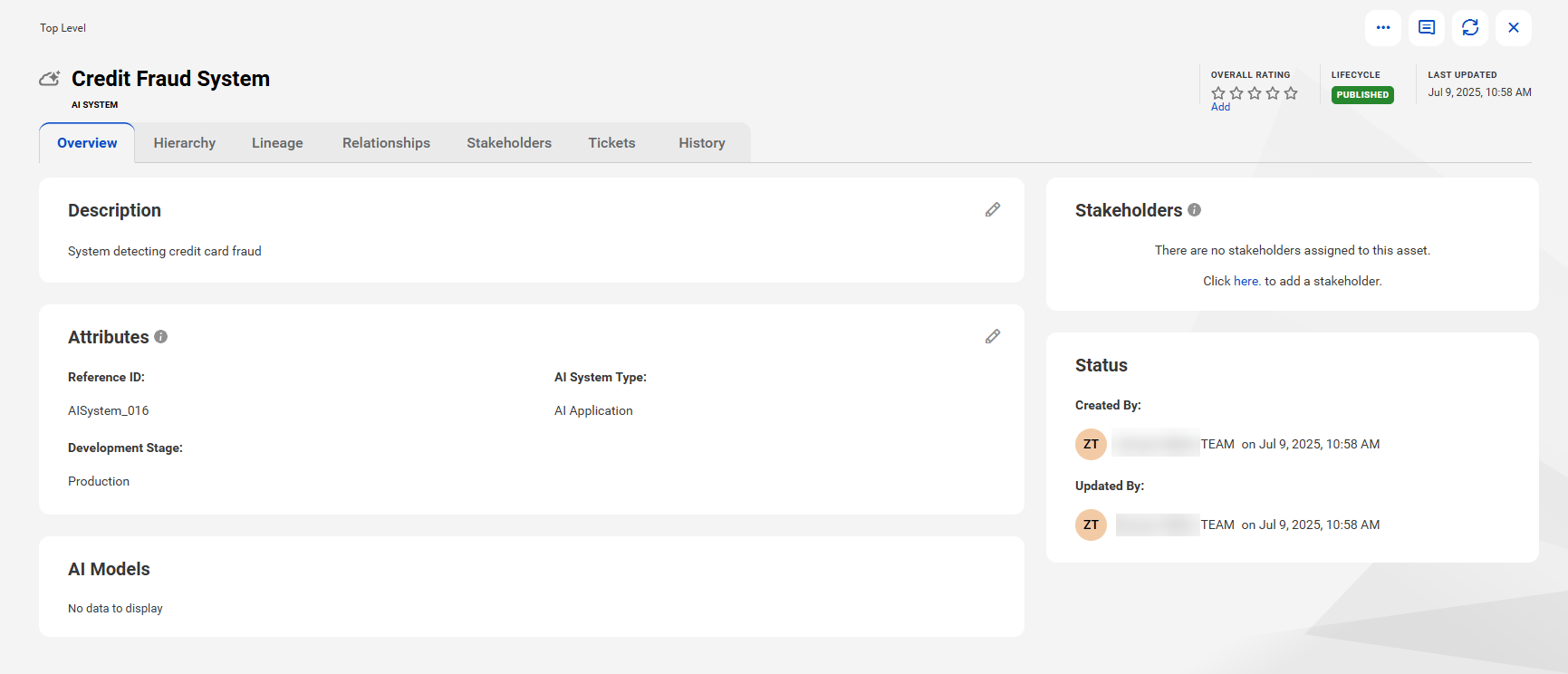 The Overview tab of the Credit Fraud System AI System asset.